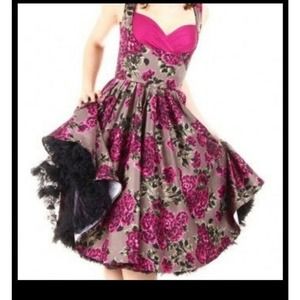 Laura Byrnes Spring Floral Pin Up Rockabilly Peekaboo Bodice Satin Dress Size M